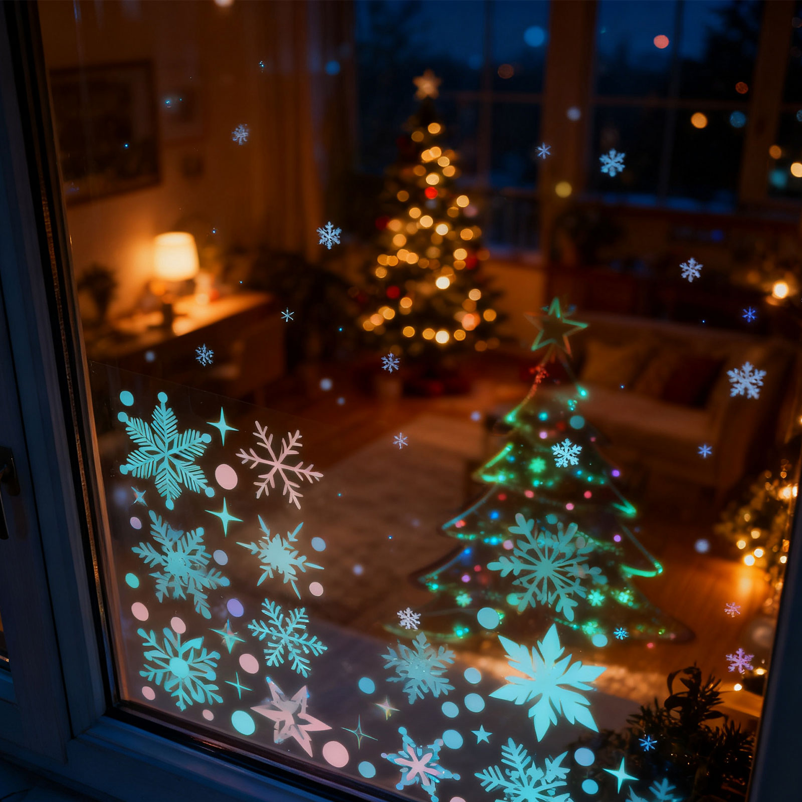 Snowflake Window Decal - สติกเกอร์ติดหน้าต่างลายเกล็ดหิมะคริสต์มาส 3 แผ่น สติกเกอร์เกล็ดหิมะเรืองแสง PVC สีสันสดใส